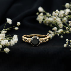 Bezel Set Lab Grown Black Diamond Solitaire Ring with Engraved Detailing