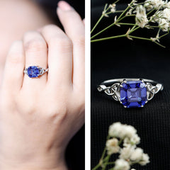 Certified 4 Carat Asscher Cut Lab Created Blue Sapphire Celtic Knot Engagement Ring