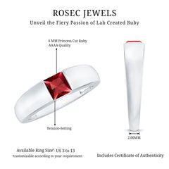 4.5 MM Tension Mount Set Princess Cut Created Ruby Unisex Engagement Ring