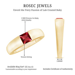 4.5 MM Tension Mount Set Princess Cut Created Ruby Unisex Engagement Ring