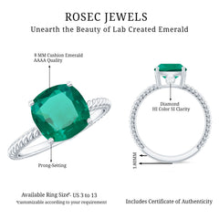 Certified 8 mm Cushion Cut Lab Grown Emerald Ring for Engagement