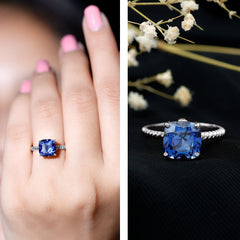 Cushion Cut Created Blue Sapphire Solitaire Ring with Surprise Diamond