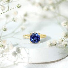 Cushion Cut Created Blue Sapphire Solitaire Ring with Surprise Diamond