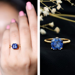 Cushion Cut Created Blue Sapphire Solitaire Ring with Surprise Diamond