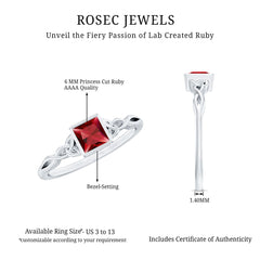 Certified 1.5 Carat Lab Grown Ruby Princess Cut Promise Ring with Celtic Knot