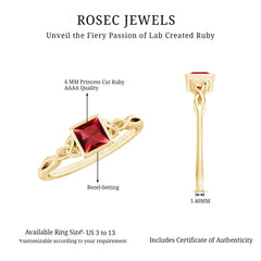 Certified 1.5 Carat Lab Grown Ruby Princess Cut Promise Ring with Celtic Knot