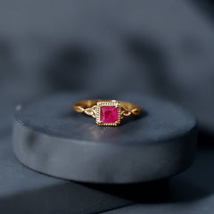 Natural 0.8 Carat Princess Cut Ruby Promise Ring with Celtic Knot