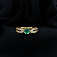 Round Cut Genuine Emerald and Diamond Designer Engagement Ring
