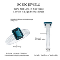 6X8mm Emerald Cut London Blue Topaz Side Stone Engagement Ring with Diamond