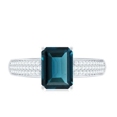 6X8mm Emerald Cut London Blue Topaz Side Stone Engagement Ring with Diamond