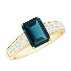 6X8mm Emerald Cut London Blue Topaz Side Stone Engagement Ring with Diamond