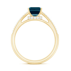 6X8mm Emerald Cut London Blue Topaz Side Stone Engagement Ring with Diamond