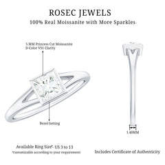 Bezel Set Princess Cut Moissanite Solitaire Promise Ring in Split Shank