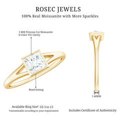 Bezel Set Princess Cut Moissanite Solitaire Promise Ring in Split Shank