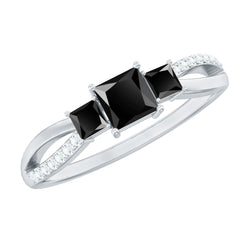 Princess Cut Black Onyx 3 Stone Promise Ring with Diamond