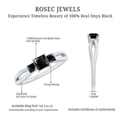 Princess Cut Black Onyx 3 Stone Promise Ring with Diamond