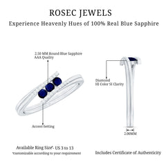 1/2 CT Three Stone Blue Sapphire Bypass Engagement Ring with Diamond