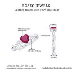 Natural 0.6 Carat Ruby Heart Engagement Ring with Diamond Braided Shank
