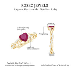 Natural 0.6 Carat Ruby Heart Engagement Ring with Diamond Braided Shank