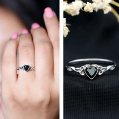 5 MM Heart Shape Lab Grown Black Diamond Solitaire Celtic Ring in Bezel Setting