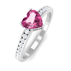 1 CT Heart Shape Pink Tourmaline Solitaire Ring with Diamond Side Stones