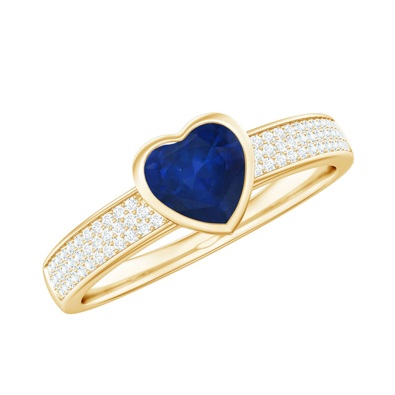 1 CT Blue Sapphire Heart Solitaire Engagement Ring with Pave Diamond