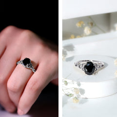 Certified 7X9 MM Oval Black Onyx Celtic Design Engagement Ring