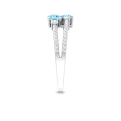Natural Aquamarine Diamond 2 Stone Promise Ring with Split Shank