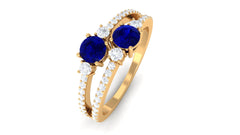 Real Blue Sapphire Two Stone Anniversary Ring with Diamond
