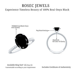 7X9mm Oval Cut Black Onyx Solitaire Engagement Ring with Diamond