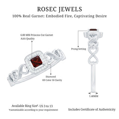 Real Princess Cut Garnet Diamond Engagement Ring with Infinity Heart Shank
