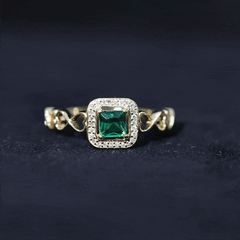Lab Grown Emerald Princess Cut Promise Ring with Diamond Halo