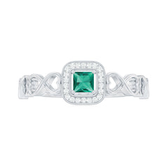 Lab Grown Emerald Princess Cut Promise Ring with Diamond Halo