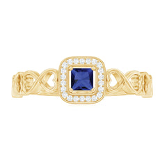 Certified Lab Blue Sapphire Diamond Promise Ring with Infinity Heart Shank
