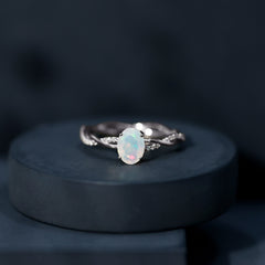 Natural 6X8mm Opalescent Oval Engagement Ring with Diamond Braided Shank
