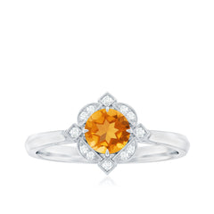 Vintage Inspired Citrine Engagement Ring with Diamond Halo