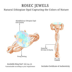 Real 8X10mm Ethiopian Rainbow Opal Engagement Ring with Diamond Braided Shank