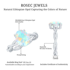 Real 8X10mm Ethiopian Rainbow Opal Engagement Ring with Diamond Braided Shank