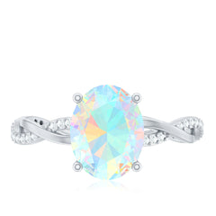 Real 8X10mm Ethiopian Rainbow Opal Engagement Ring with Diamond Braided Shank
