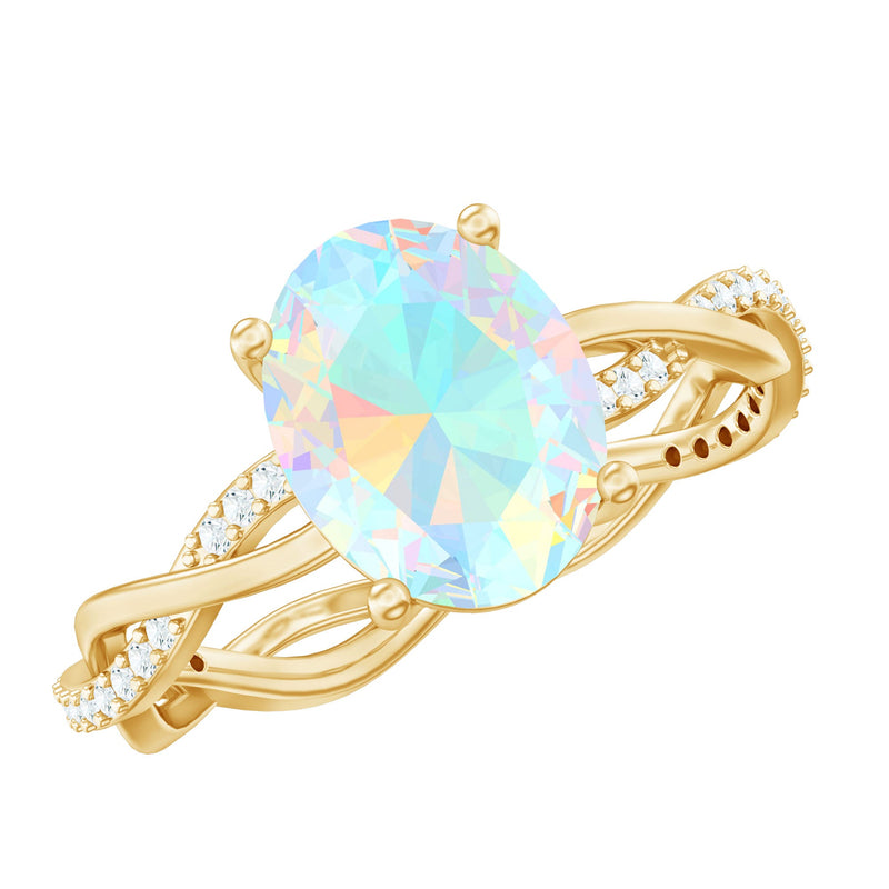 Real 8X10mm Ethiopian Rainbow Opal Engagement Ring with Diamond Braided Shank