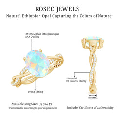 Real 8X10mm Ethiopian Rainbow Opal Engagement Ring with Diamond Braided Shank