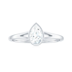 Bezel Set Pear Shaped Moissanite Promise Ring in Split Shank