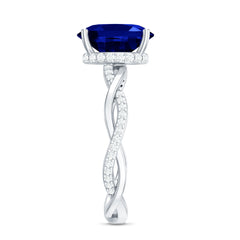 Certified 4 Carat Lab Grown Blue Sapphire Oval Engagement Ring with Diamond Braided Shank