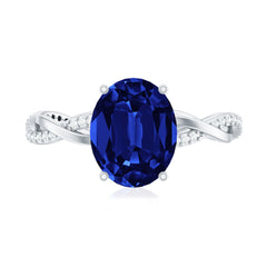 Certified 4 Carat Lab Grown Blue Sapphire Oval Engagement Ring with Diamond Braided Shank