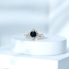 Round Cut Black Onyx and Diamond Flower Engagement Ring