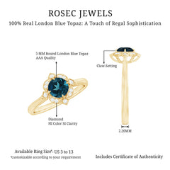 Round Cut London Blue Topaz and Diamond Flower Engagement Ring