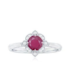 Vintage Style 0.6 Carat Ruby Engagement Ring with Diamond Halo