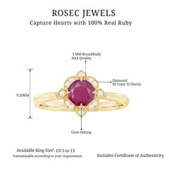 Vintage Style 0.6 Carat Ruby Engagement Ring with Diamond Halo