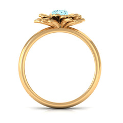 1/4 CT Round Cut Real Aquamarine and Gold Flower Ring