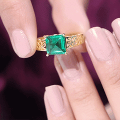 Certified 8 mm Princess Cut Lab Grown Emerald Filigree Engagement Ring